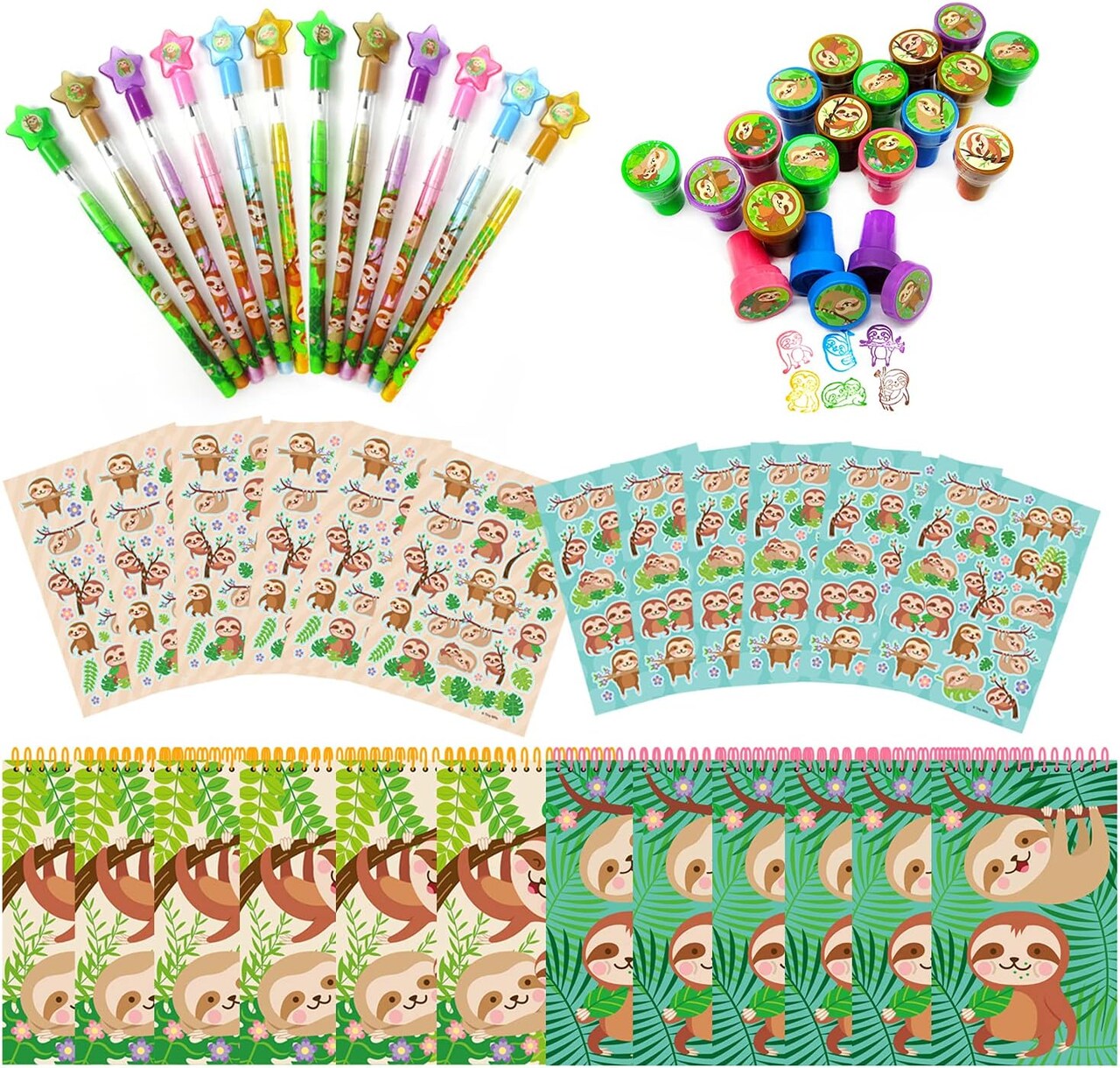 TINYMILLS Sloth Birthday Party Favor Set (12 multi-point pencils, 12 self-inking stampers, 12 sticker sheets, 12 small spiral notepads) Sloth Party Favor